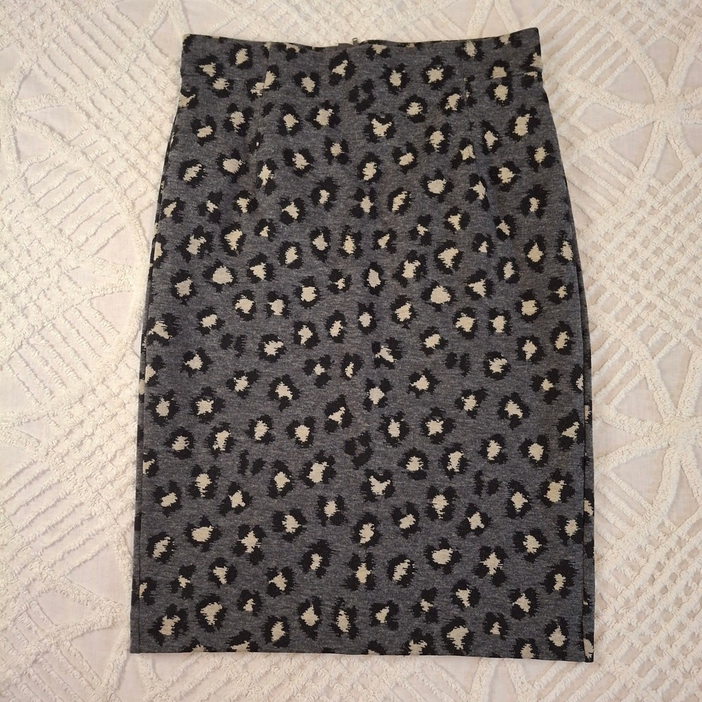 Loft Womens Medium Gray‎ Black Leopard Cat Print Knit Pencil Skirt Lined Stretch